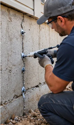 Technician injecting sealant into a foundation wall crack through surface-mounted injection ports