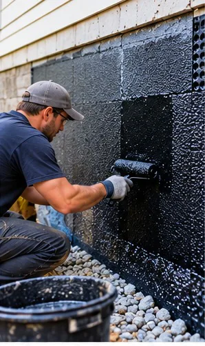 Worker applying a black waterproof coating to a below-grade foundation wall with a roller