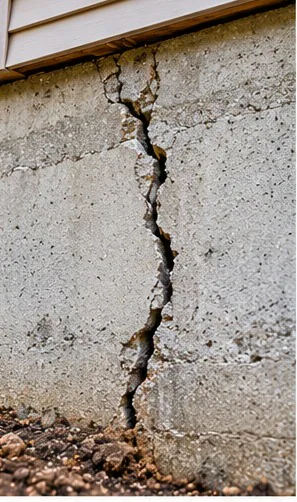Vertical crack running the full height of a concrete foundation wall below timber siding