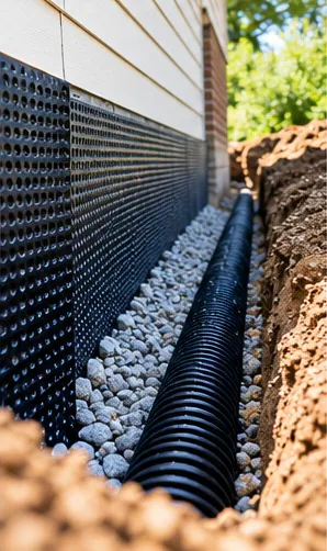 Exterior French drain under construction: dimple membrane, gravel bed and perforated pipe in an open trench