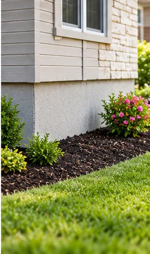 Exterior corner of a house showing the stem wall at grade with mulched planting beds and lawn
