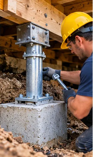 Worker setting a galvanised steel pier onto a poured concrete footing pad beneath floor framing