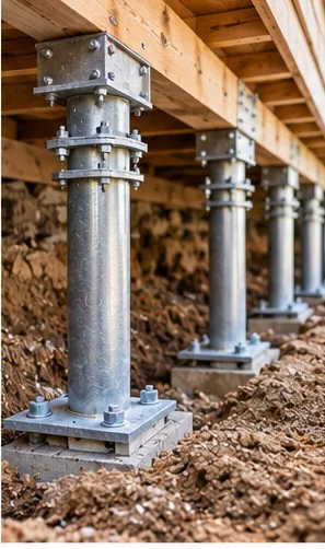 A row of adjustable galvanised steel piers carrying timber floor joists in a crawl space