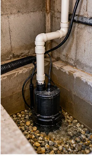 Submersible sump pump seated in a gravel-lined basement pit with discharge piping above